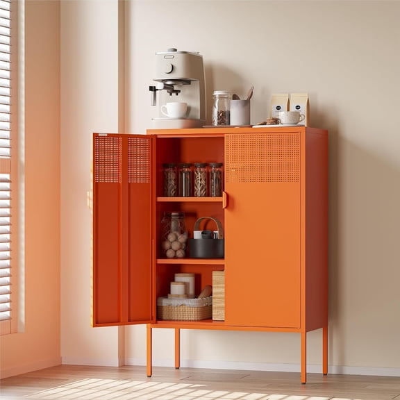 Sunny Lane Orange Metal Storage Cabinet,47H Vibrant Coffee Bar & Buffet Sideboard with Adjustable Shelves, Fun Kitchen Organizer,Ventilated Steel Cabinet with Magnetic Doors for Dining Room, Office