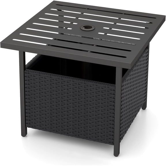 Sunny Lane Outdoor Side Table with Umbrella Hole, 22" Wicker Umbrella Stand Holder and Base, Weather-Resistant PE Rattan Patio End Table for Deck Garden Poolside (Metal Tabletop, Black)