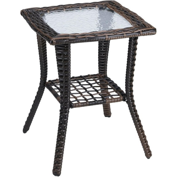 Sunny Lane Outdoor Side Table with Storage Wicker Patio Side Table, Tempered Glass Top End Table for Balcony Porch Deck (Brown)