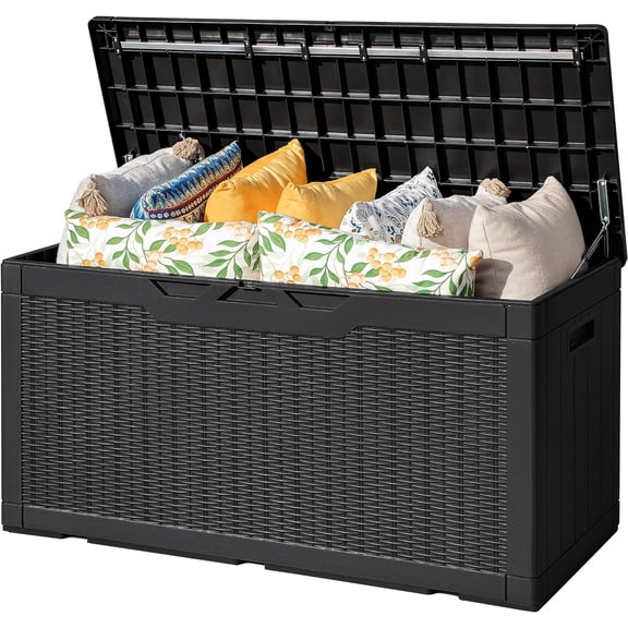 Sunny Lane Outdoor Storage Box 100 Gallon Waterproof Resin Deck Box Delivery Box with Air Rod Indoor Outdoor Lockable Storage Bench for Patio Cushions, Tools, Pool Accessories (Black)