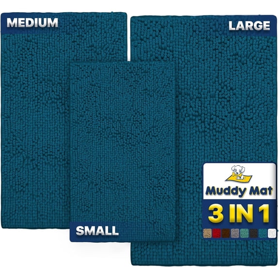 Sunny Lane Pack of 3 Highly Absorbent Microfiber Dog Door Mat and Pet Rug,Non Slip Thick Washable Area Mat Soft Chenille for Kitchen Bathroom Bedroom and Outdoor - Atlantic Blue Small,Medium & Large