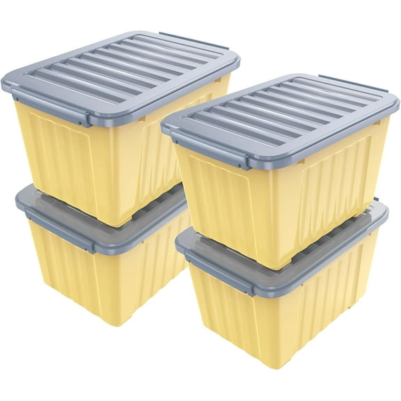 Sunny Lane Plastic Storage Bin, Stackable and Nestable Storage Boxes with White Lids and Secure Latching Buckles, Large Storage Container (Yellow/Purple, 72Quart-4Pack)