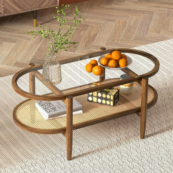 Sunny Lane Rattan Coffee Table,2-Tier Oval Acacia Wood Tea Table w/Tempered Glass Tabletop & PE Rattan Storage Shelf,Boho Cocktail Tables, Mid Century Modern Center Table for Living Room Office,Brown