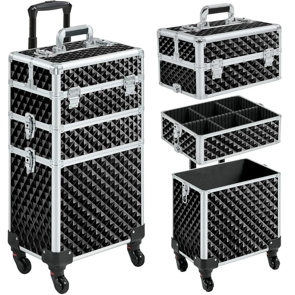 Sunny Lane Rolling Makeup Train Case 3 in 1 Cosmetic Case Large Capacity Organizer with Swivel Wheels Key Cosmetic Trolley for Nail Tech Makeup - Black