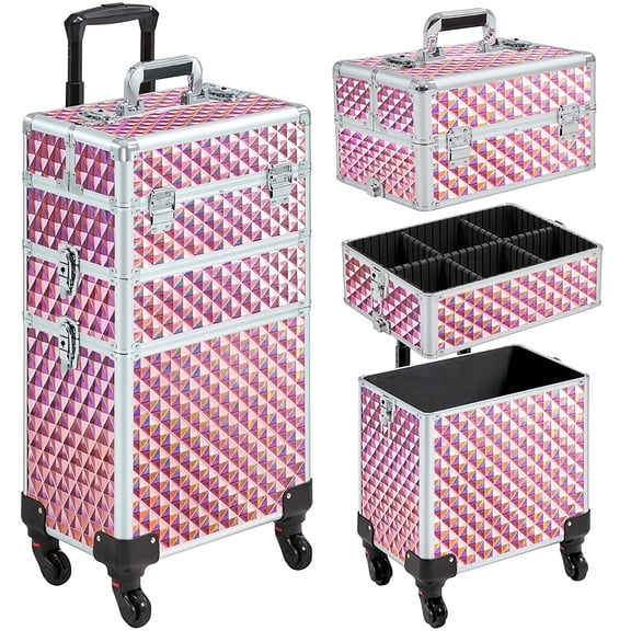 Sunny Lane Rolling Makeup Train Case 3 in 1 Cosmetic Case Large Capacity Organizer with Swivel Wheels Key Cosmetic Trolley for Nail Tech Makeup - Pink