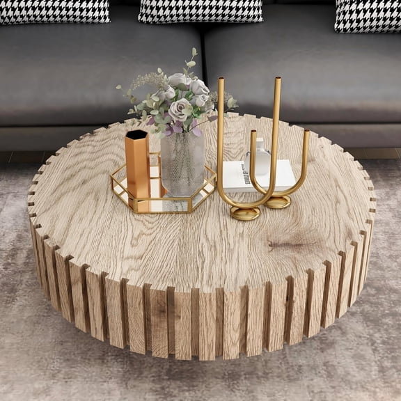 Sunny Lane Round Wood Coffee Table for Living Room Modern Rustic Fluted Solid Wood Coffee Table Pedestal Center Table Circle Tea Tables for Apartment Easy Assembly(31.5''Oak Natural)