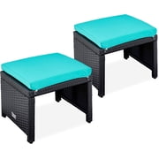 Sunny Lane Set of 2 Wicker Ottomans, Multipurpose Outdoor Furniture for Patio, Backyard, Additional Seating, Footrest, Side Table w/Removable Cushions, Steel Frame - Black/Teal