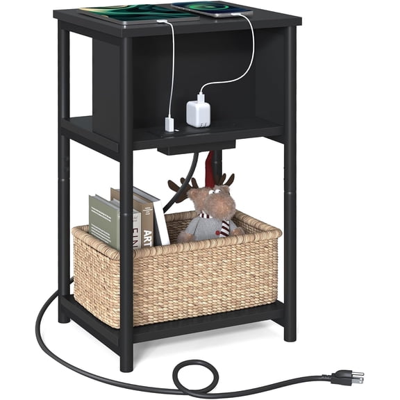 Sunny Lane Side Table with Charging Station, 3-Tier End Table with USB Ports and Outlets, Nightstand for Living Room, Bedroom, 11.8 x 13.4 x 22.8 Inches, Plug-in Series, Black