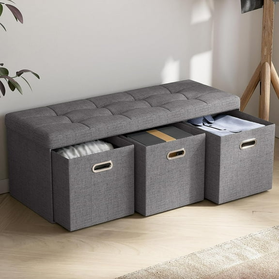 Sunny Lane Storage Ottoman with 3 Drawers, 40 Inches Long Foldable Tufted Linen Large Bench Ottoman with Storage, Foot Rest Stool Seat, for Living Room, Bedroom, Entryway, Dark Gray