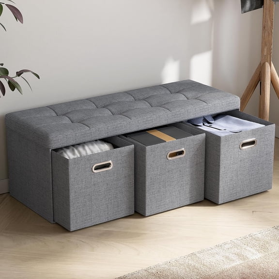 Sunny Lane Storage Ottoman with 3 Drawers, 40 Inches Long Foldable Tufted Linen Large Bench Ottoman with Storage, Foot Rest Stool Seat, for Living Room, Bedroom, Entryway, Gray