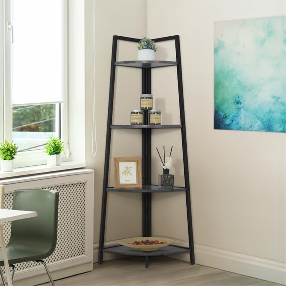 Sunny Lane Tall Corner Shelf Stand, 4-Tier Display Shelves, Ladder Corner Wood Storage Plant Bookshelf with Metal Frame, Versatile Shelving Unit Bookcase for Home Office Space, Dark Grey
