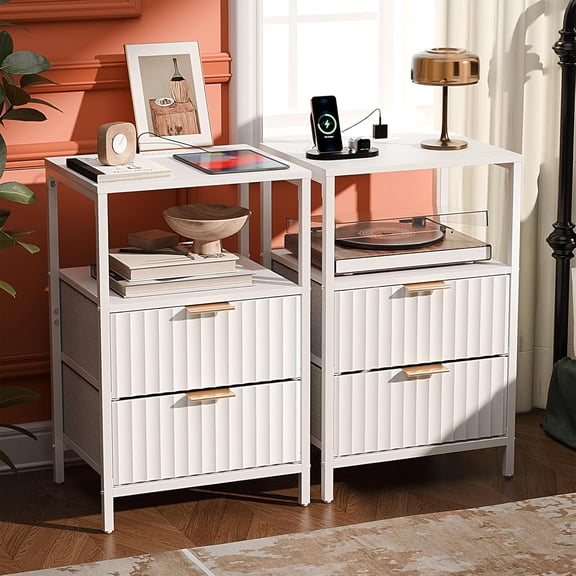 Sunny Lane White Nightstands Set of 2 with Fabric Drawers, Fluted Nightstand with Charging Station, Night Stand Set 2 White Side Table with Charging Station for Bedroom, Dorm