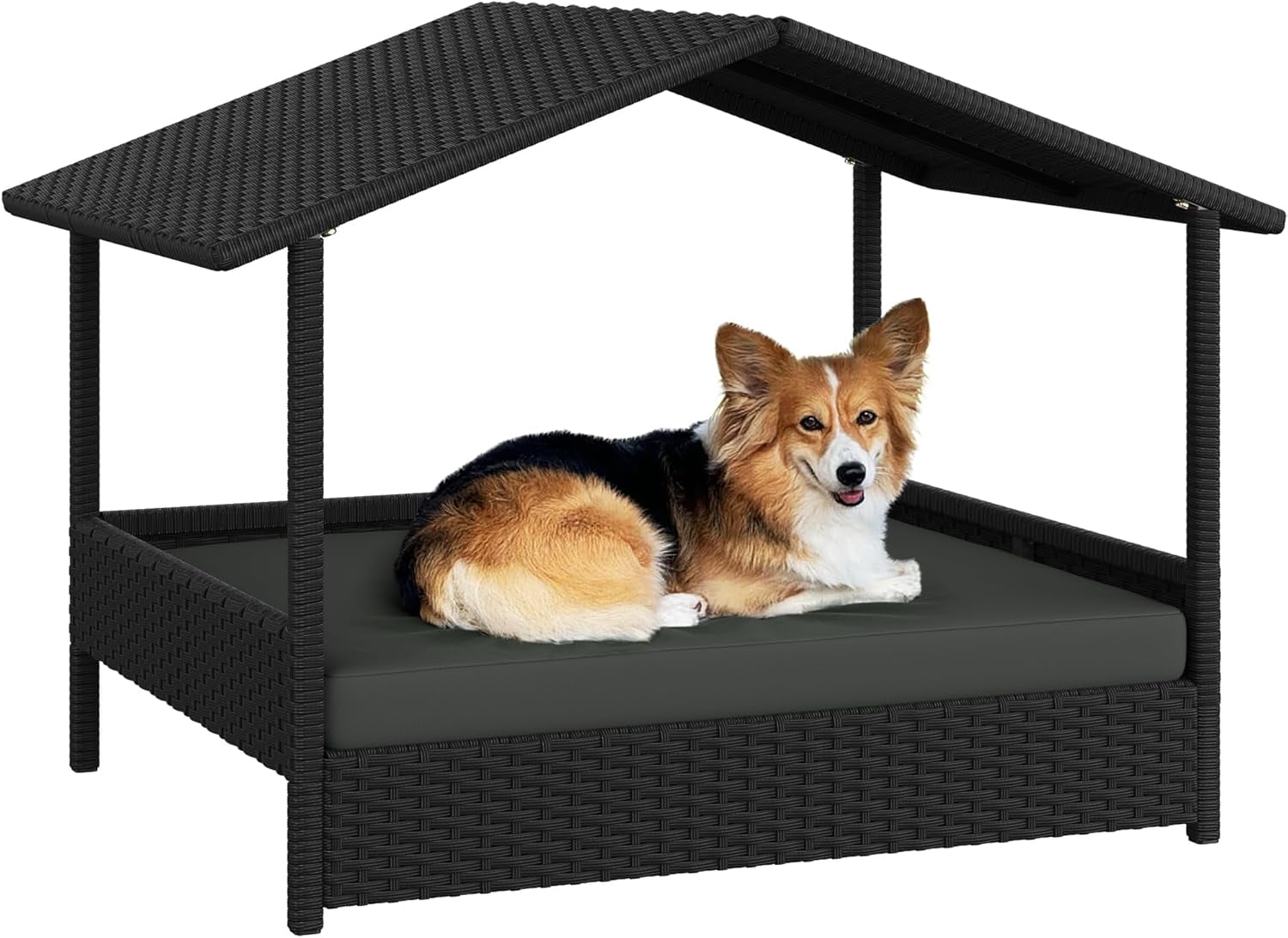 Sunny Lane Wicker Dog House Outdoor Indoor with Canopy, Elevated Dog Shelter Dog Bed with Cushion for Small/Medium Dogs, Shade for Deck, Patio, Yard, Pool, Black House, Gray Cushion