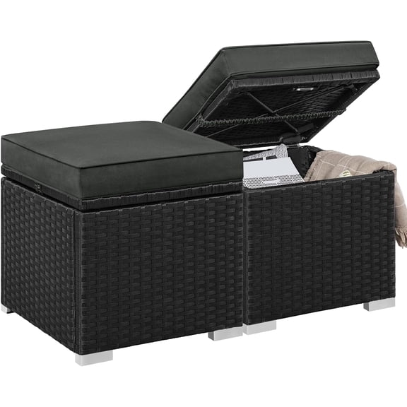 Sunny Lane Wicker Ottomans, Set of 2 Patio PE Rattan Side Tables with Hidden Storage & Removable Cushion, Outdoor/Indoor Footstools, Additional Seating for Garden/Balcony/Yard, Black/Gray