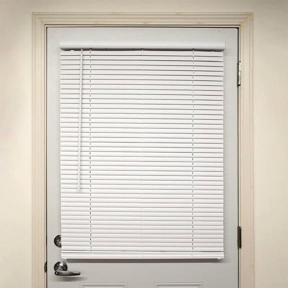 Sunny Lane1" Magnetic Vinyl Mini Blinds - 21" W x 72" L - White | Room darkening vinyl mini blinds with magnetic valance provide privacy, light control, clean finish, no tools, metal doors.