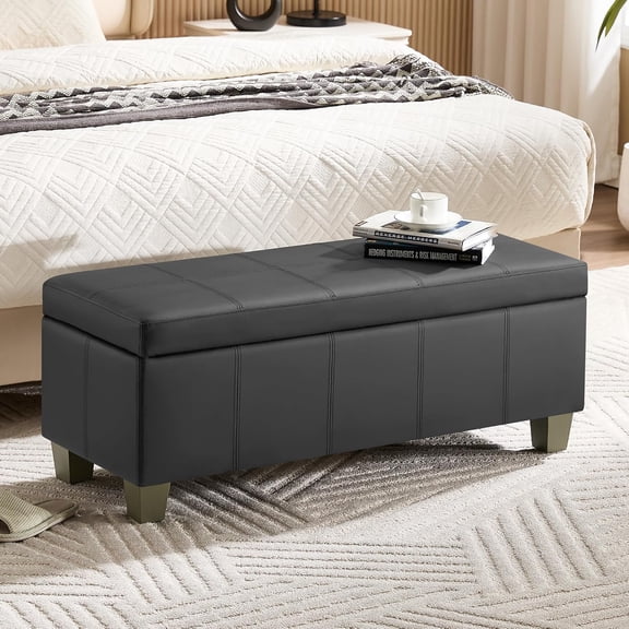 Sunny Lane41" Faux Leather Storage Ottoman, Stitch Tufted Rectangle Upholstered End of Bed Storage Bench, Entryway Large Couch Ottoman with Wooden Legs,Dark Grey