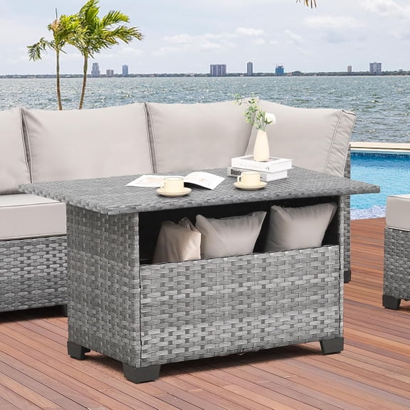 Sunny LaneOutdoor PE Wicker Coffee Table - Patio Rattan Garden Furniture Multi-Functional Storage Tea Dining Table, Grey
