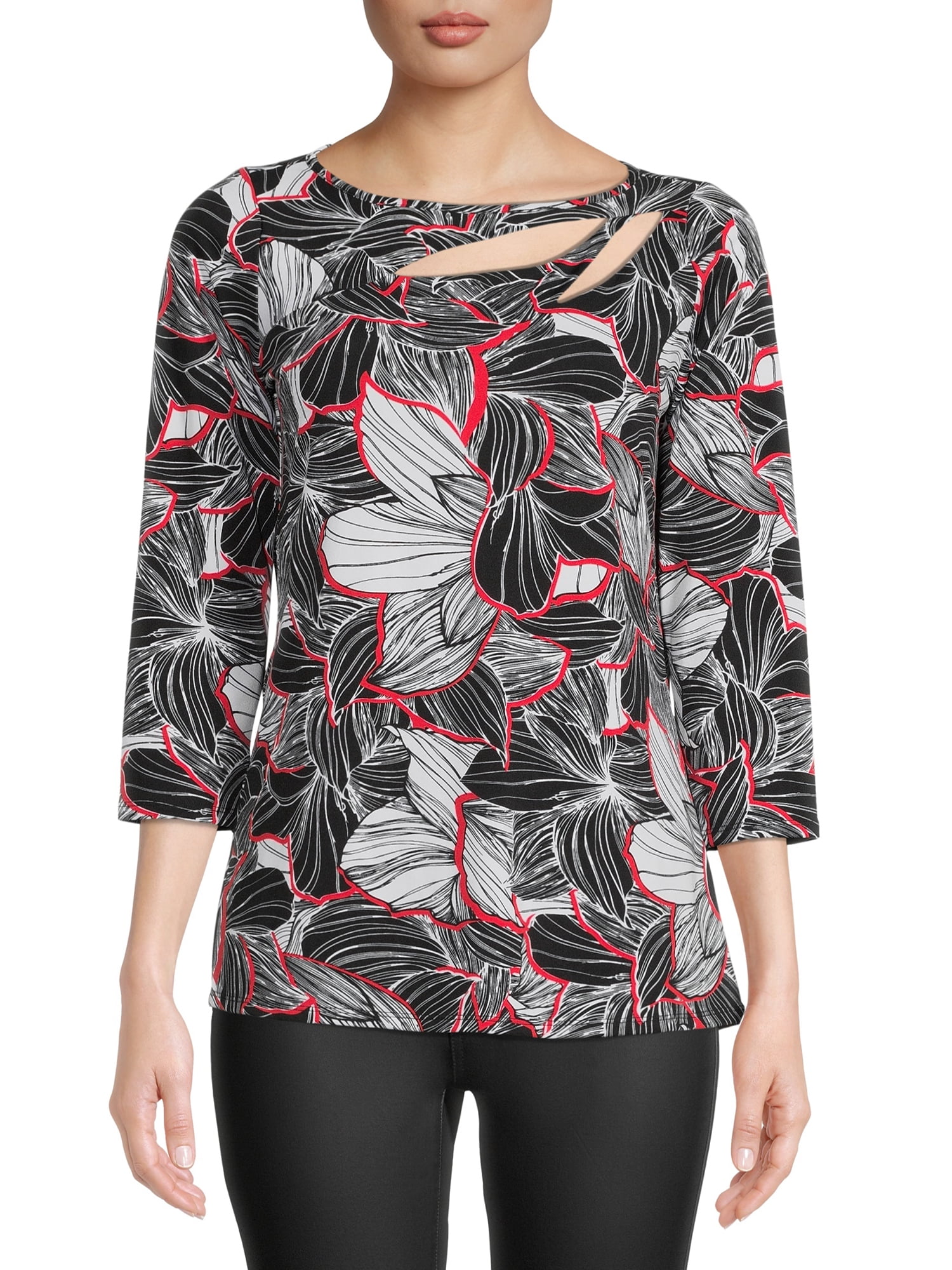 Sunny Leigh Womens Print Cut-Out Top with 3/4-Length Sleeves
