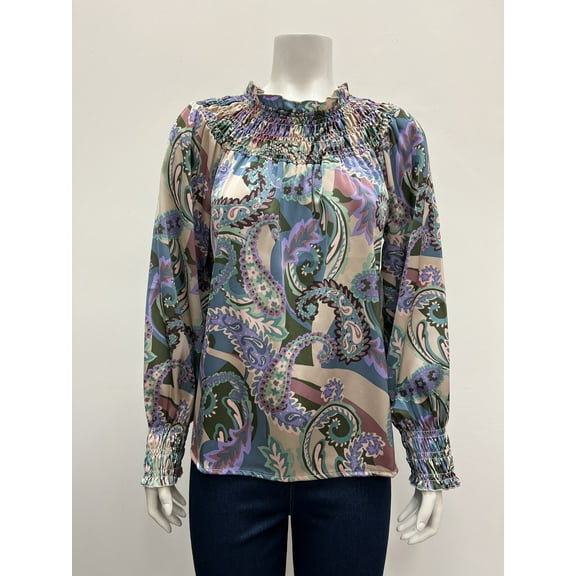 Sunny Leigh printed satin long elastic sleeve Yoke neck Blouse , Multi , M