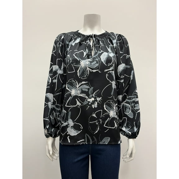 Sunny Leigh satin floral long elastic sleeve notch neck tie front Blouse , Black/White , S