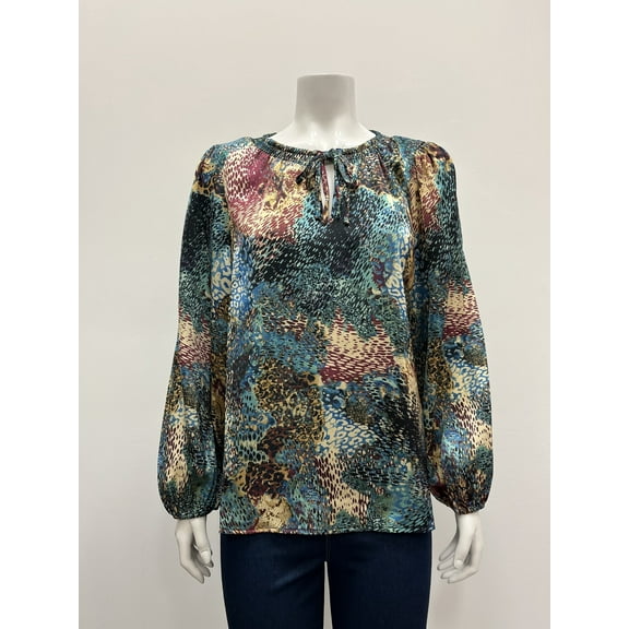 Sunny Leigh satin printed long elastic sleeve notch neck tie front Blouse , Multi , XL