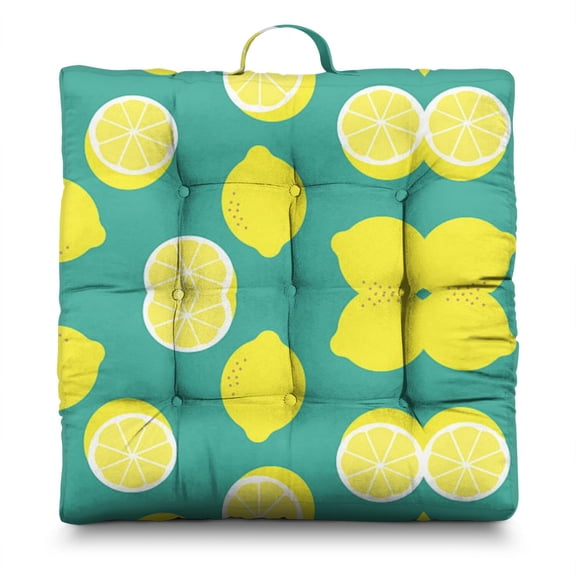 Sunny Lemon Meditation Cushion - 22x22 Inch Large Floor Pillow, Dutch Velvet, Happy Yellow Citrus Print for Lounge