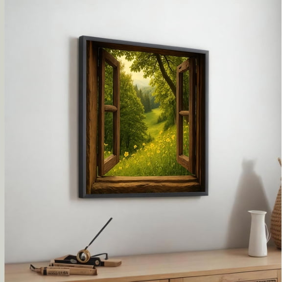 Sunny Meadow View From Wooden Window – (Black, White, Gold, Silver), Stretched Wood Or Rolled Art Print UNFRAMED Poster, Wall Art for Decor, Present, 8x12