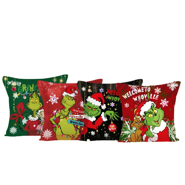 Sunny Pack of 4 Grinch Pillow Covers with Lights 18x18" Christmas Throw