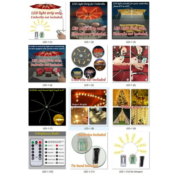 Sunny Patio Umbrella Warm White Lights 8 Lighting Mode 104 LED String Lights with Battery and Remote Control Umbrella Lights Operated for Restaurant Coffee Shop Outdoor Garden Holidays Party