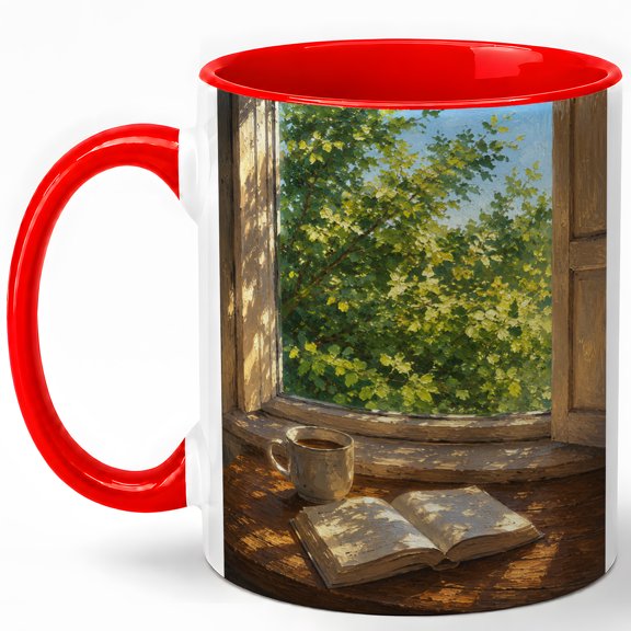 Sunny Reading Window 11oz Ceramic Mug, Cozy Book Coffee Cup