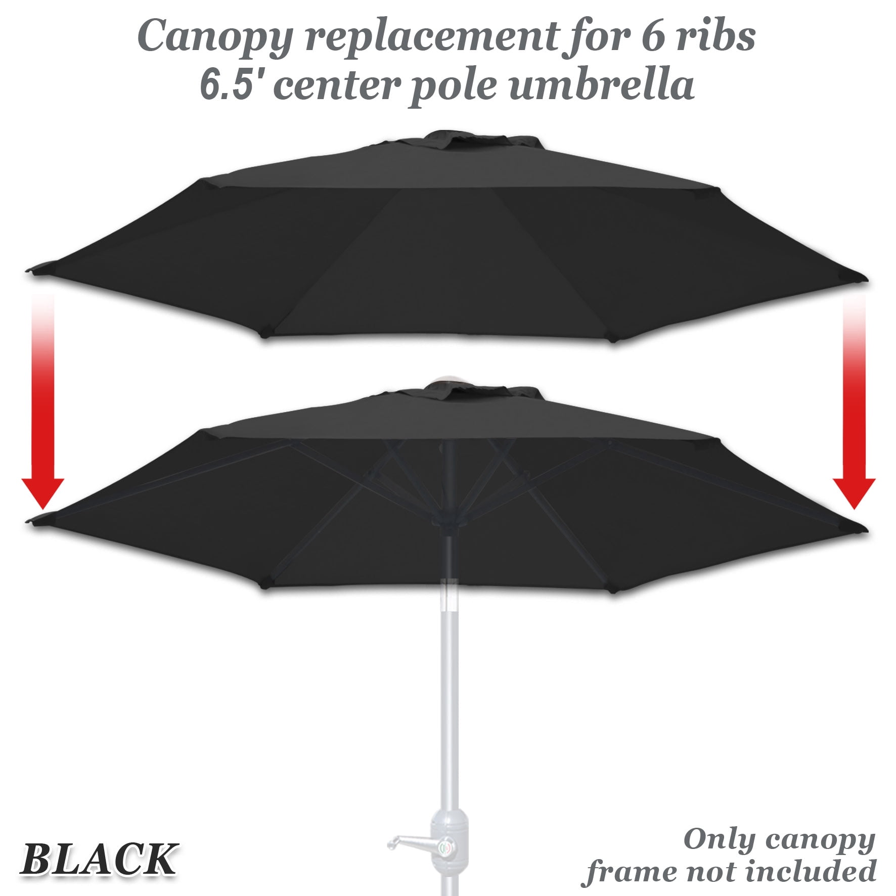 Sunny Replacement Umbrella Canopy Cover for 6.5ft 6 Ribs Patio Market Umbrella (CANOPY ONLY) (Black)