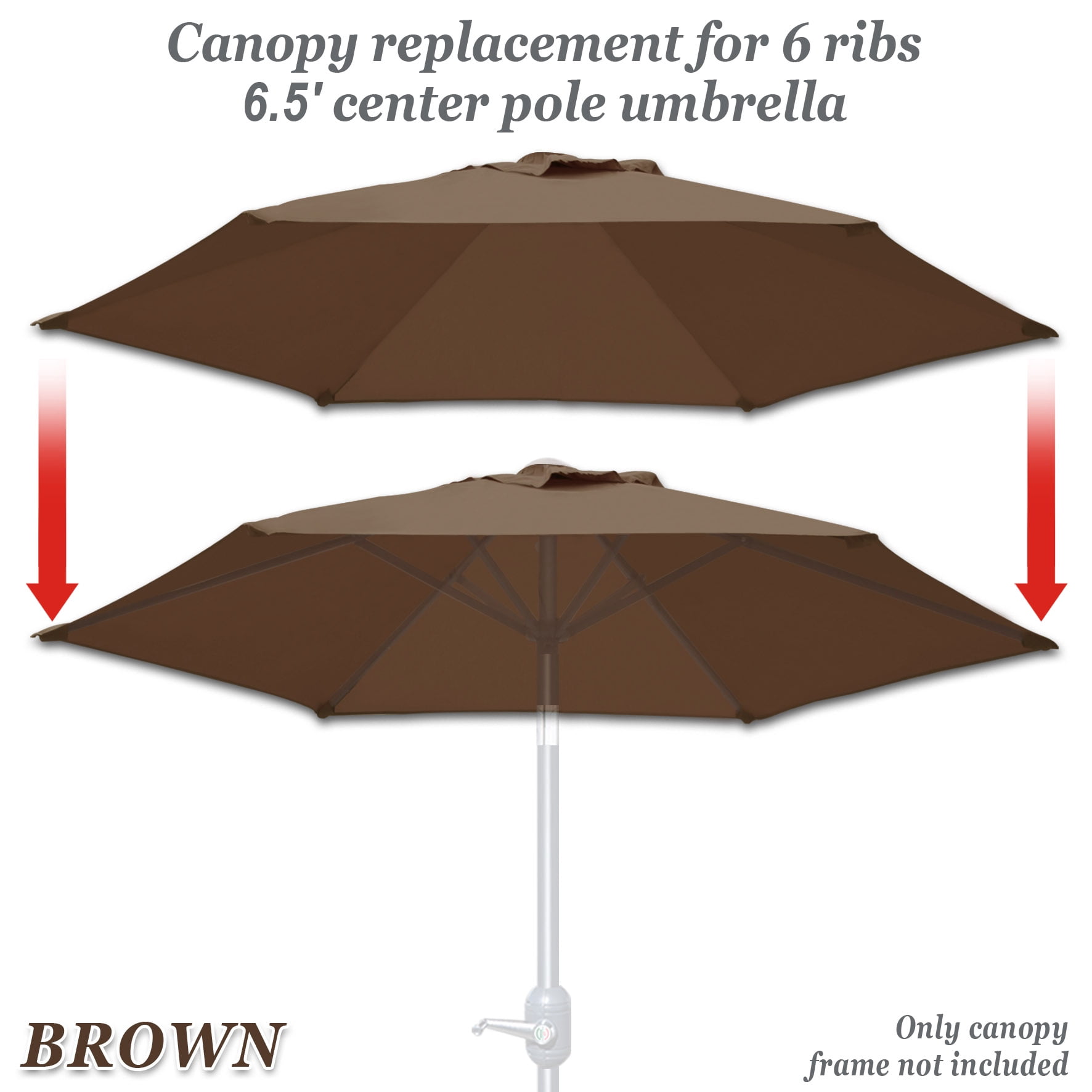 Sunny 6.5’ x 6.5' 6 Rib Brown Patio Umbrella Canopy, UV Protective 180g Polyester