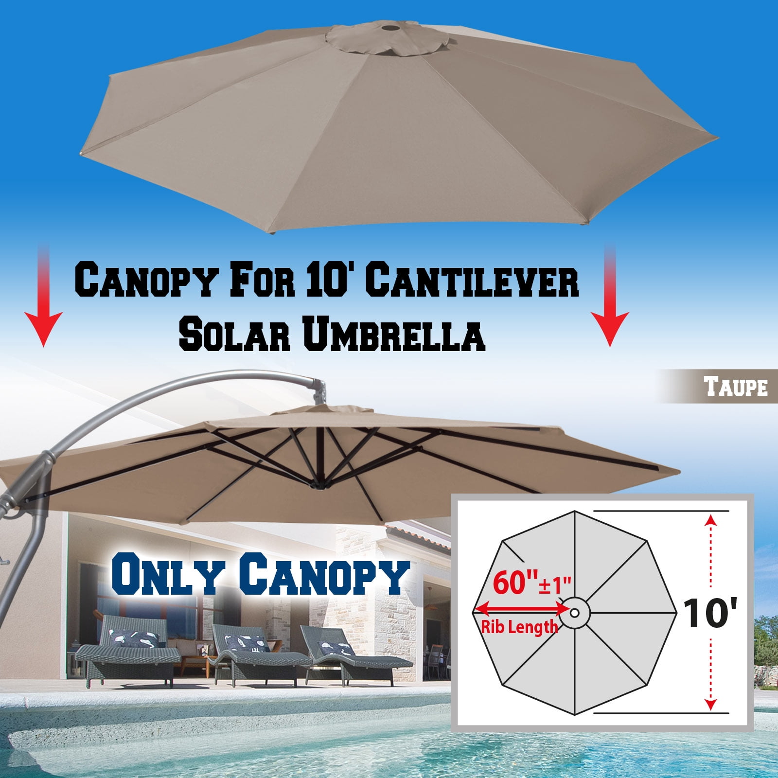 Sunny Replacement Umbrella Canopy for 10ft 8 ribs in Taupe Color