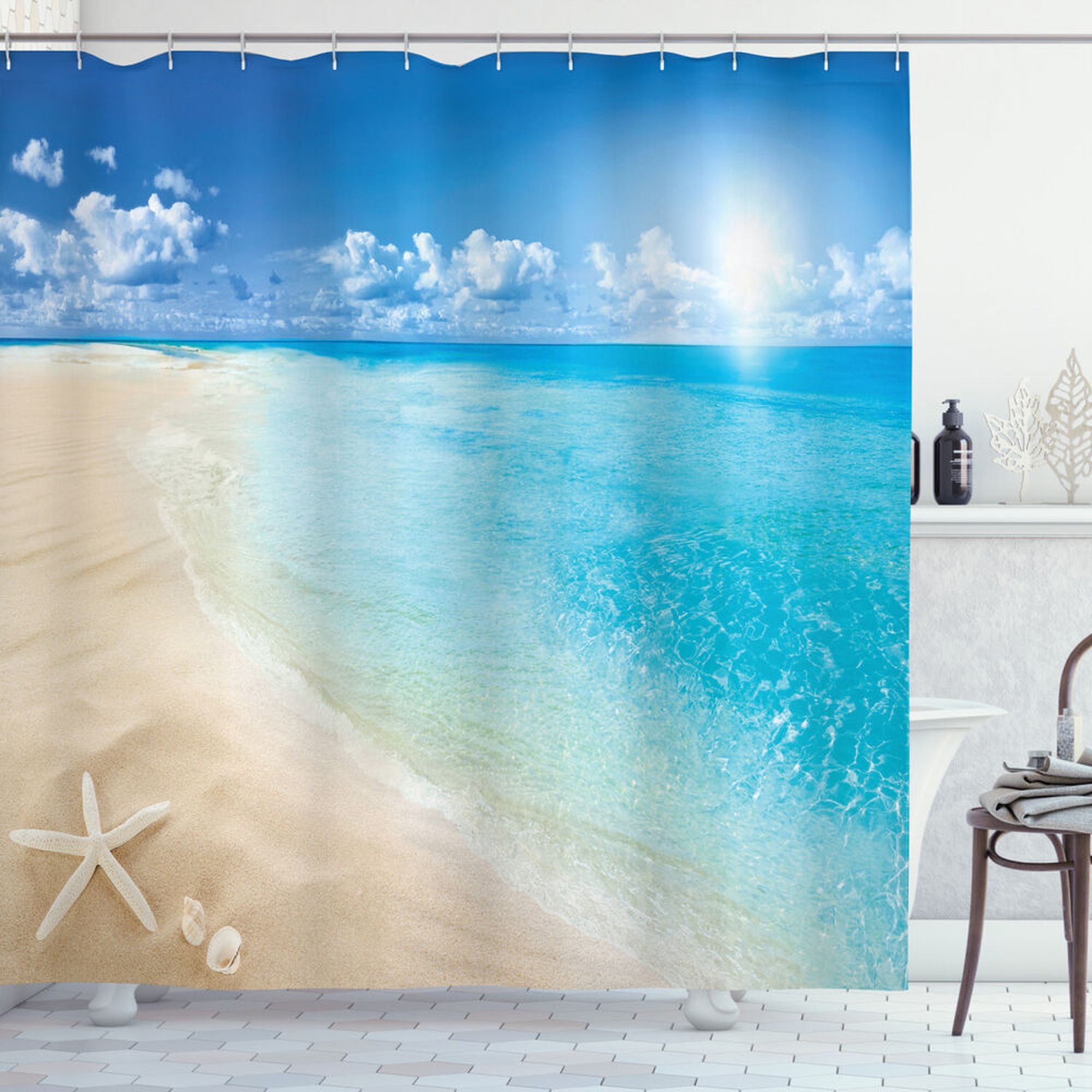 Sunny Seashore Serenity Beach Shower Curtain with Shells Print for a