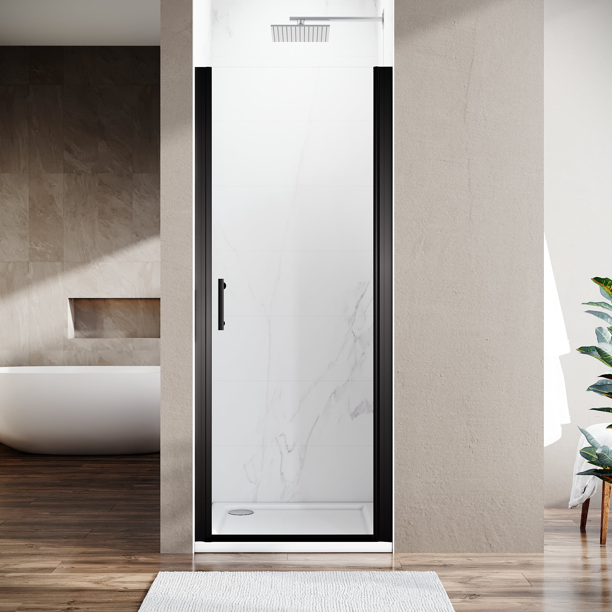 Sunny Shower 28"W×72"H Frameless Hinged Pivot Shower Door with 1/4inch Clear Glass-Matte Black