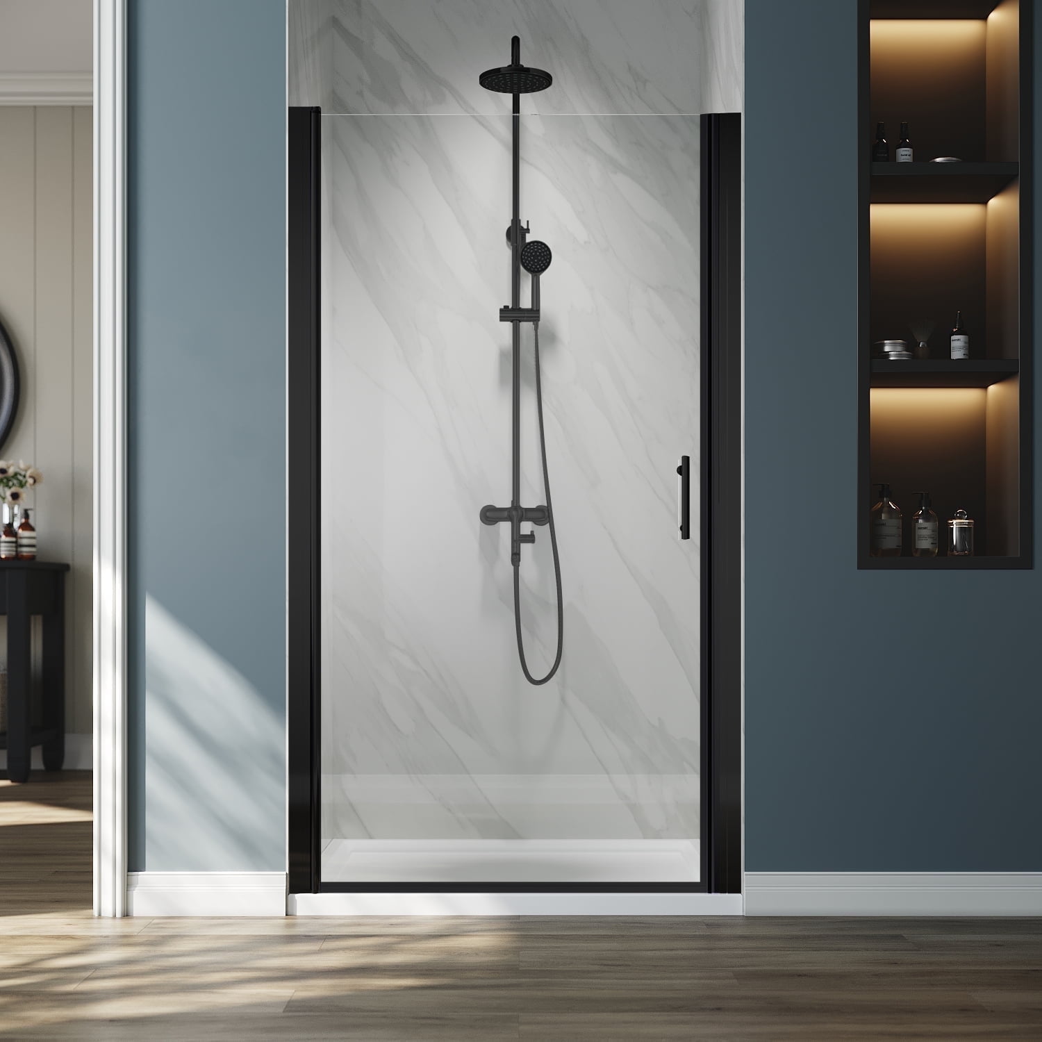 Sunny Shower 28 in. W x 72 in. H Frameless Hinged Pivot Shower Doors in Matte Black