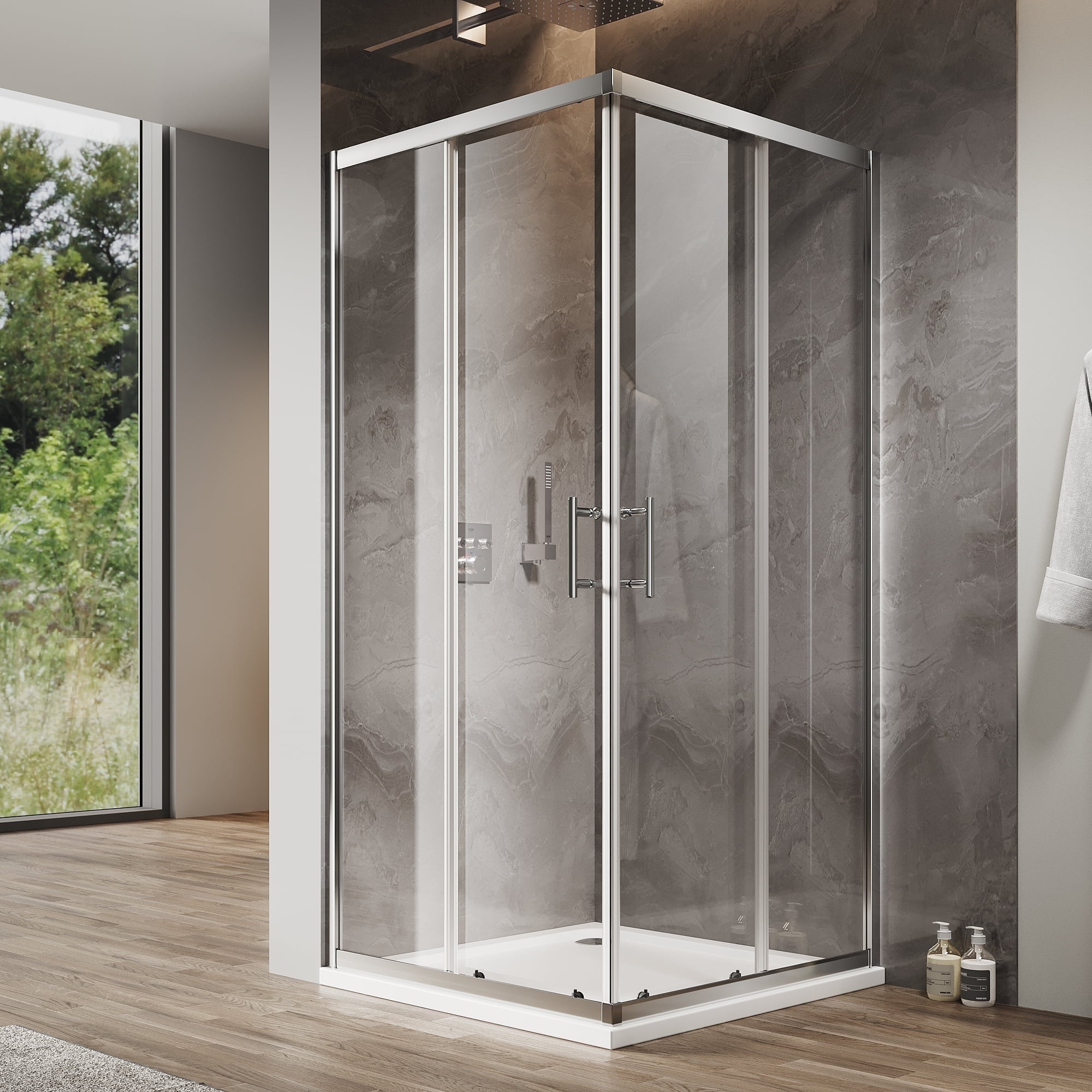 Sunny Shower 34" x 34" x 72" Corner Entry Shower Enclosure with Sliding Doors, Bright Silver Finish