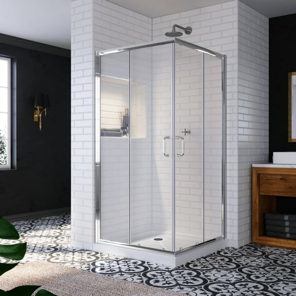 Sunny 36" W x 36" D x 72" H Corner Entry Shower Enclosure Sliding Door in Chrome and White Square Shower Base