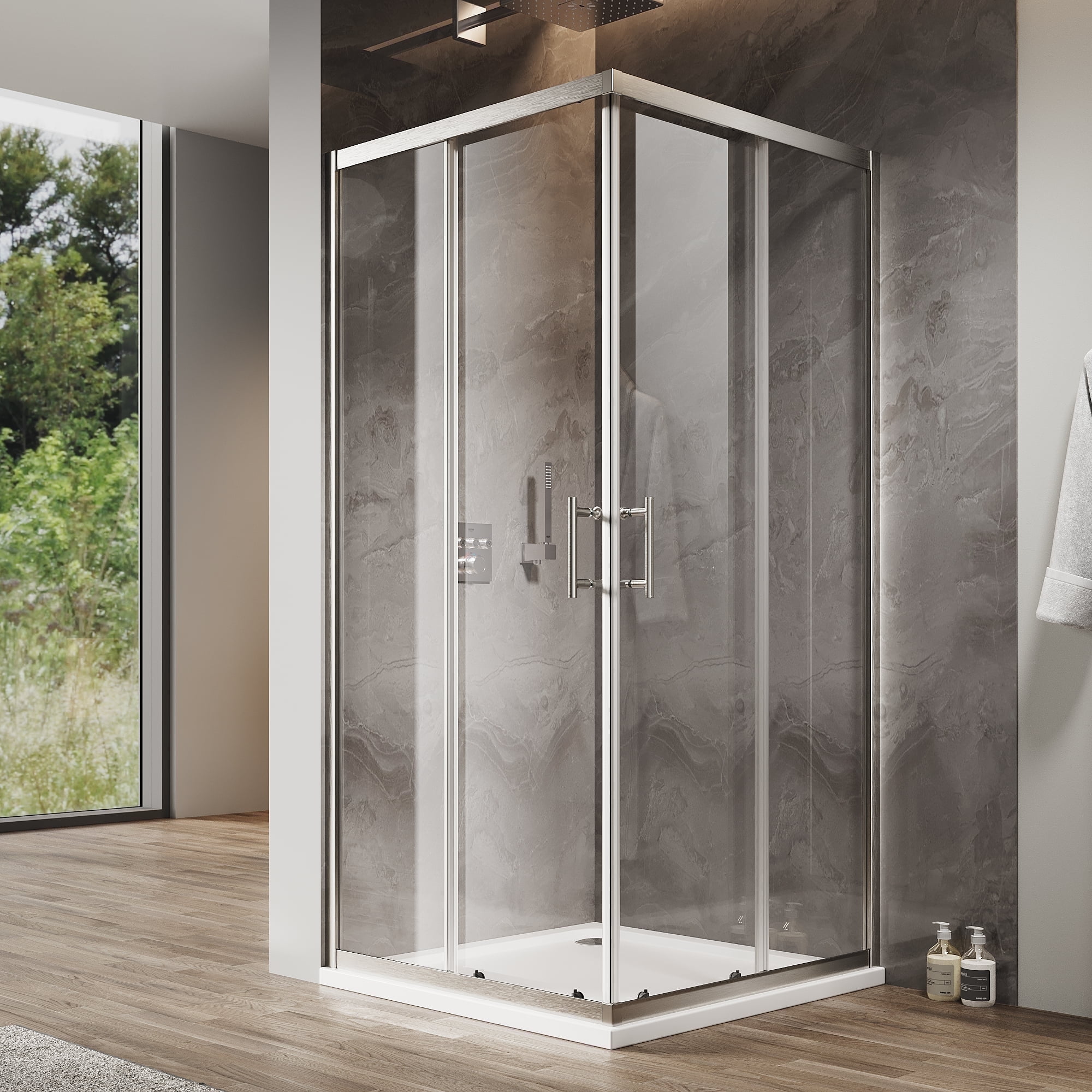 Sunny Shower 36" W x 36" L x 72" H Corner Entry Shower Enclosure Sliding Shower Doors Brushed Nickel Finish Framed with 1/4 in. Clear Tempered Glass