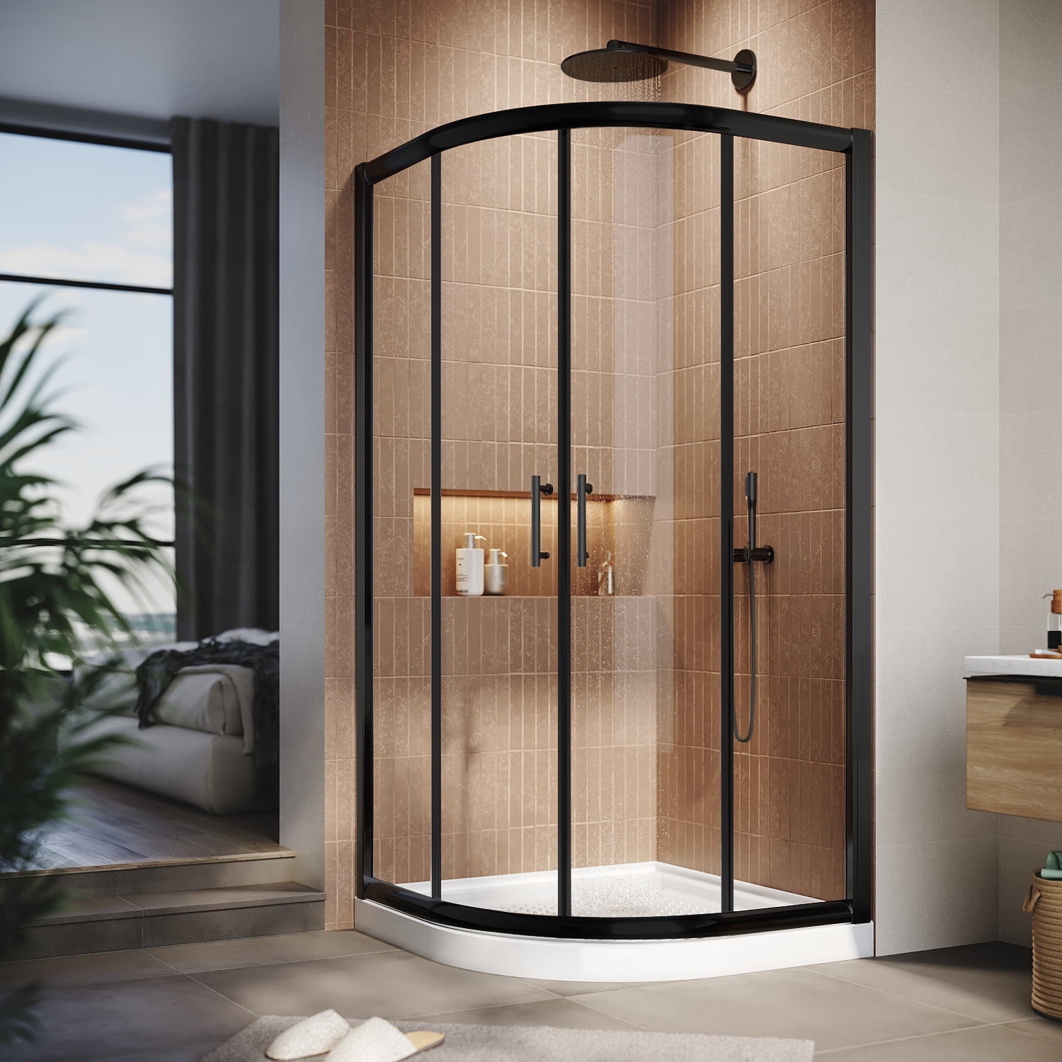 Sunny Shower 38 in. W x 38 in. D x 72 in. H Black Finish Quadrant Enclosures in Sliding Shower Doors