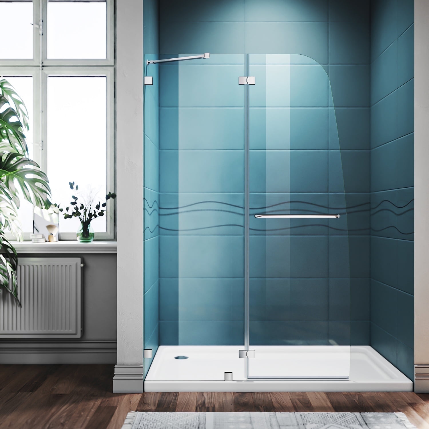 Sunny Shower 45 in.W x 72 in.H Hinged Frameless Shower Door with 1/4 inch Clear Tempered Glass