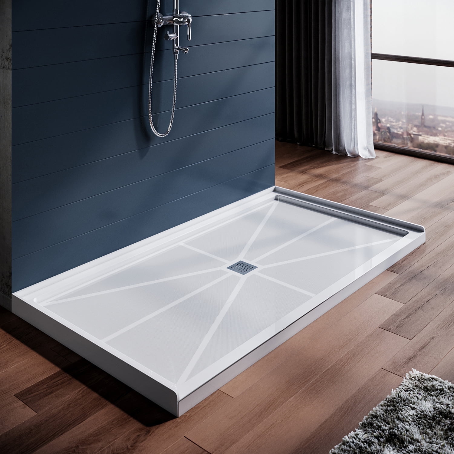 White 48'' x 32'' Rectangular Shower Base with Center Drain