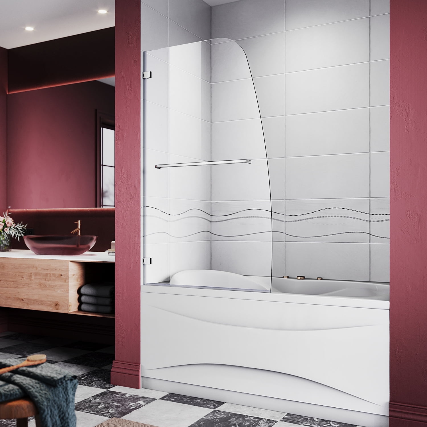 Sunny Shower 34" W x 58" H Frameless Pivot Hinged Tub Door in Chrome