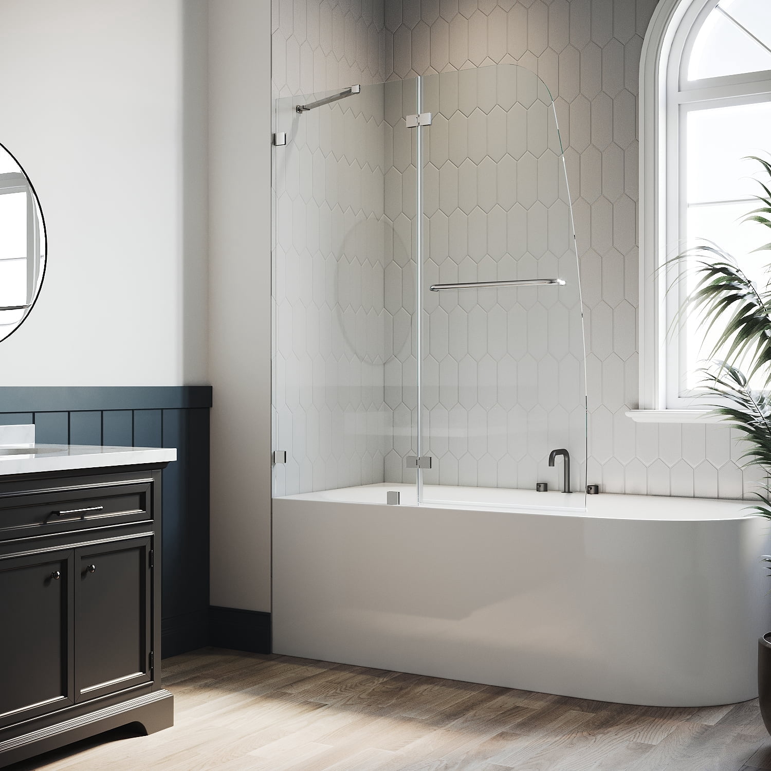 Sunny Shower 48'' in W x 58'' in H Frameless Hinged Chrome Bathtub Door 5/16" Clear Tempered Glass