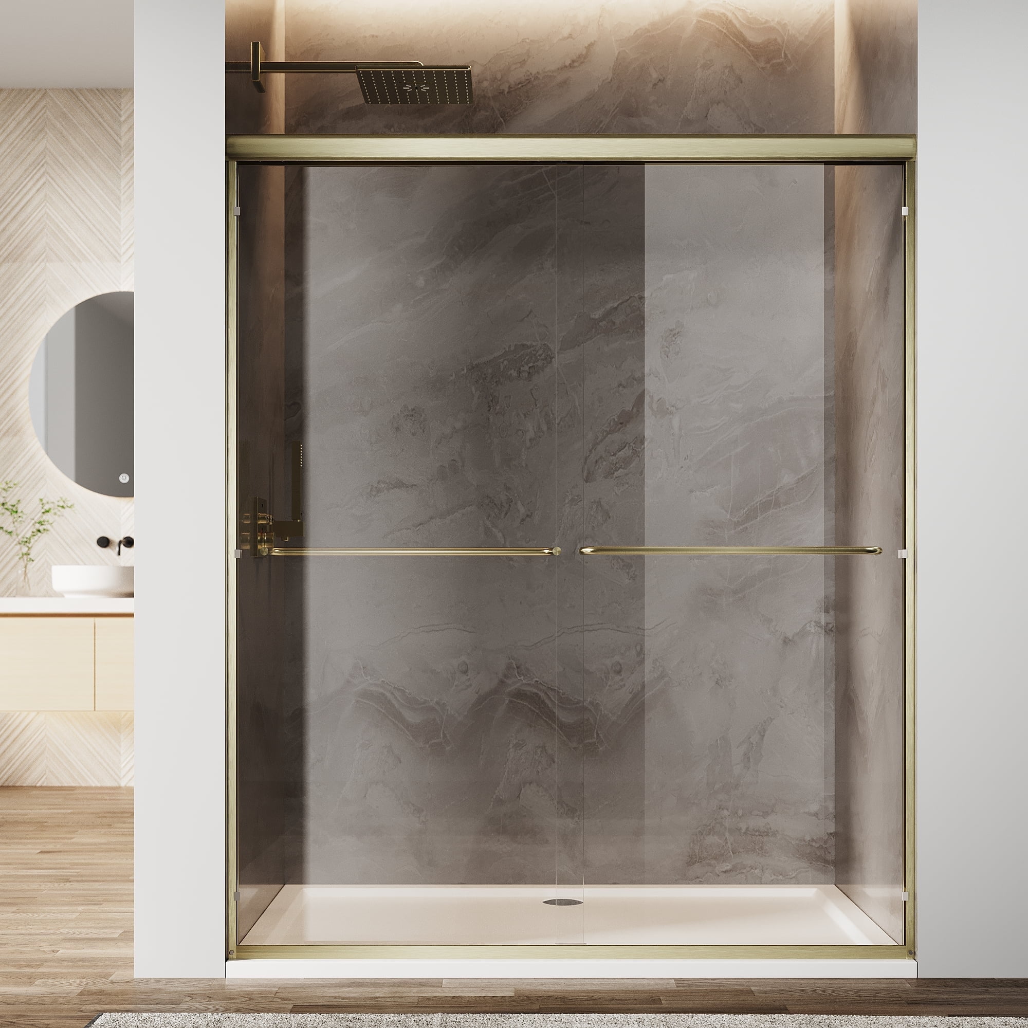 Sunny Shower 48 in.W x 72 in.H Double Sliding Shower Door Brushed Gold Finish Framed with 1/4 inch Clear Tempered Glass