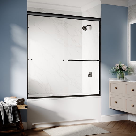 Sunny Shower 60" W×62" H Bathtub Sliding Door, 1/4" Tempered Glass, Black Finish