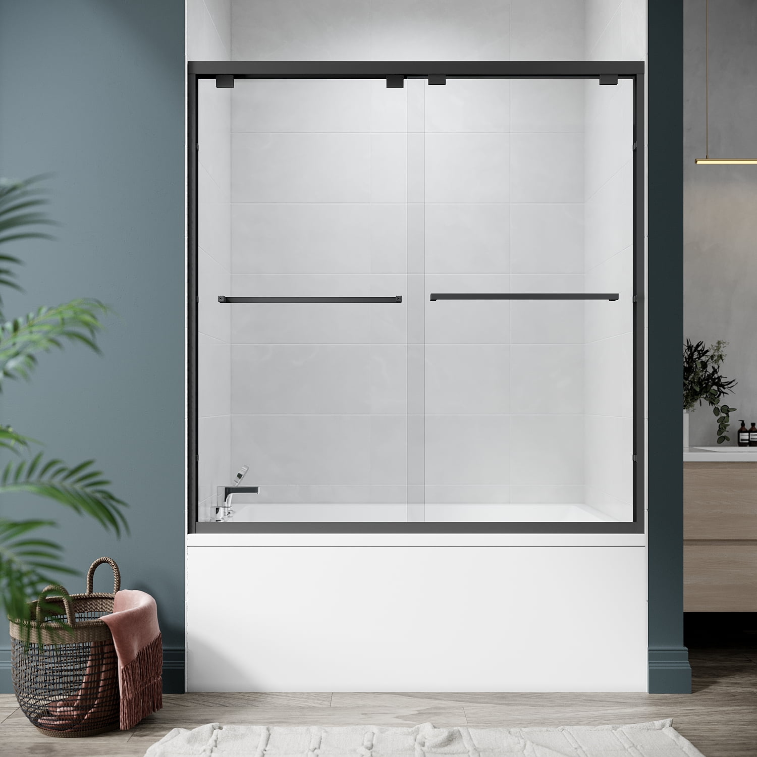 Sunny Shower 60" W x 62" H Satin Black Double Sliding Shower Tub Doors with 1/4 in.Glass ...