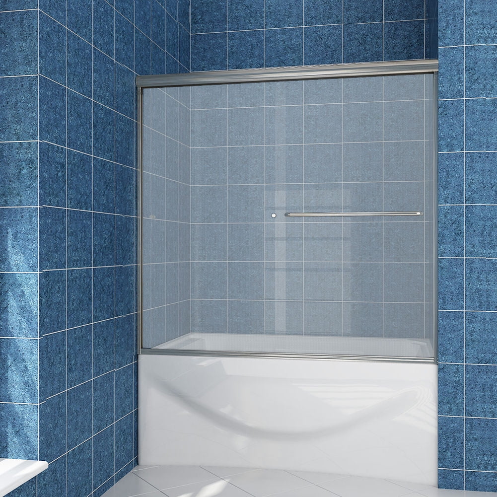 Sunny Shower 60 in.W x 57.4 in.H Frosted Glass Shower Door Sliding Bathtub Door 1/4 inch Glass Panel, Brushed Nickel Finish