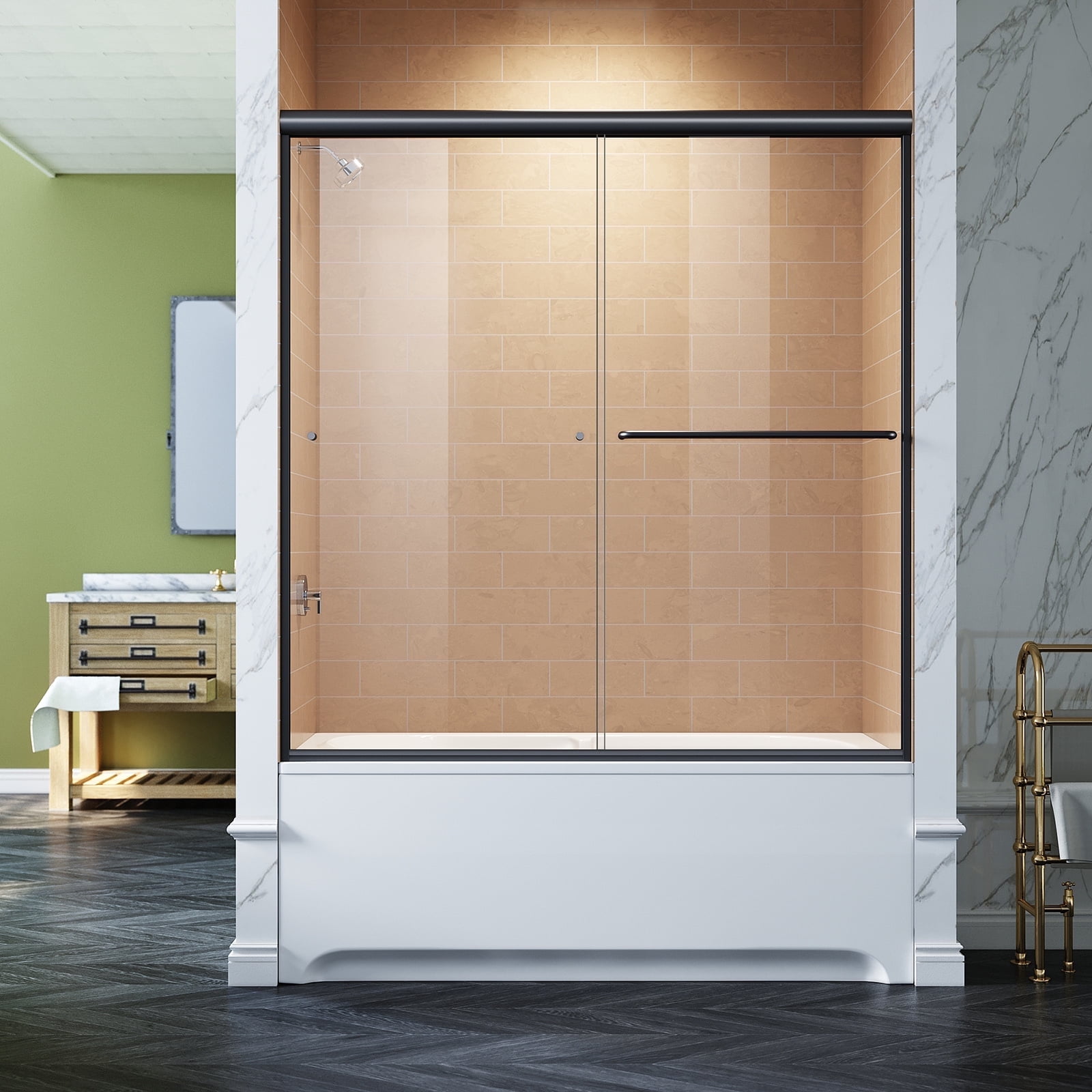 Sunny Shower Bathtub Sliding Door 1/4'' in Tempered Glass Black Finish 58.5-60 in.W x 62 in.H