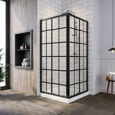 Sunny Shower Black Check Sliding Shower Door Corner Entry Door Enclosure Base Not Included